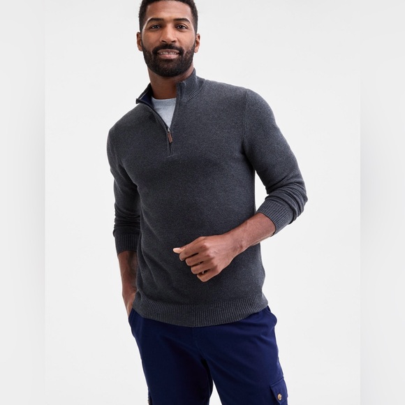 Club Room Quarter Zip Up Sweater Charcoal Gray Knit Mock Neck Long Sleeve NWT - Picture 1 of 10